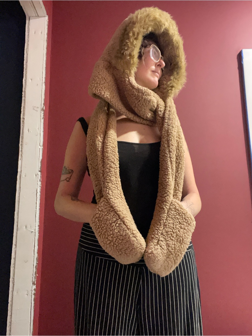 Cozy Faux Shearling Hooded Scarf in Camel